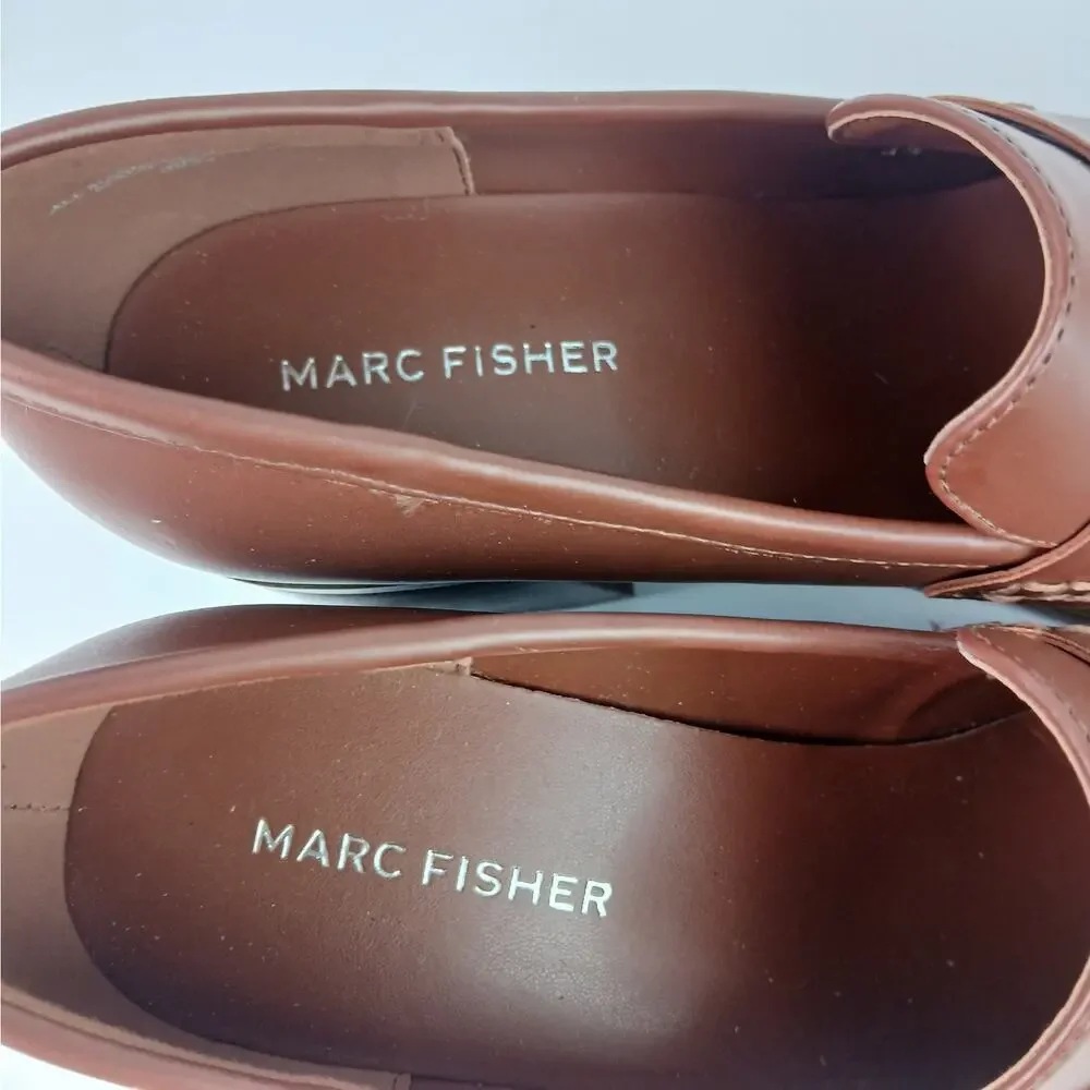 Marc Fisher Women's SZ 7.5 Vegan Leather Kchris Heeled Loafers In Brown NEW